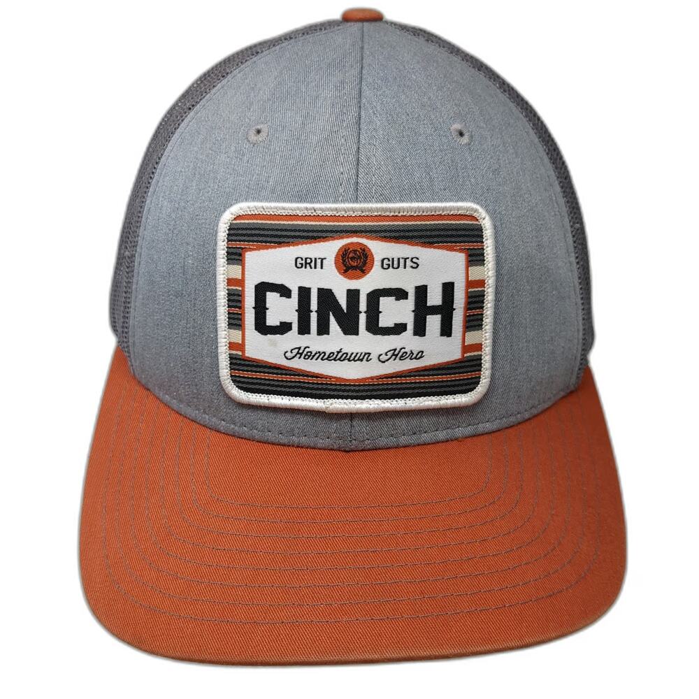 Cinch Trucker Hat Gray Orange One Size Mesh Snapback Hometown Hero Patch 112